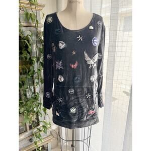 Nicole Miller Gray Velour Oversized Sweatshirt Embroidered Patches Grunge S